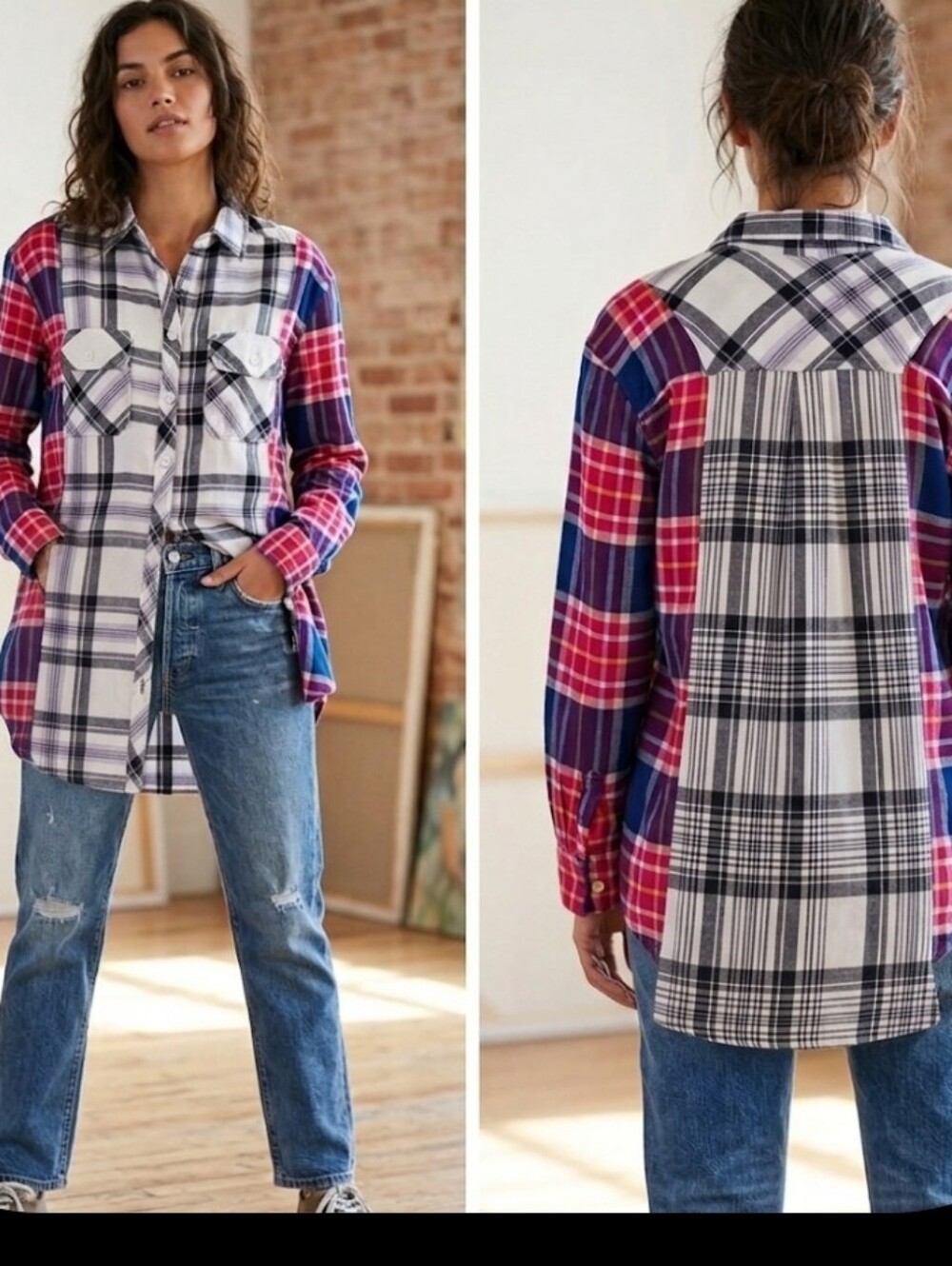 Spliced Flannel Plaid Shirt XS one of a kind upcycled